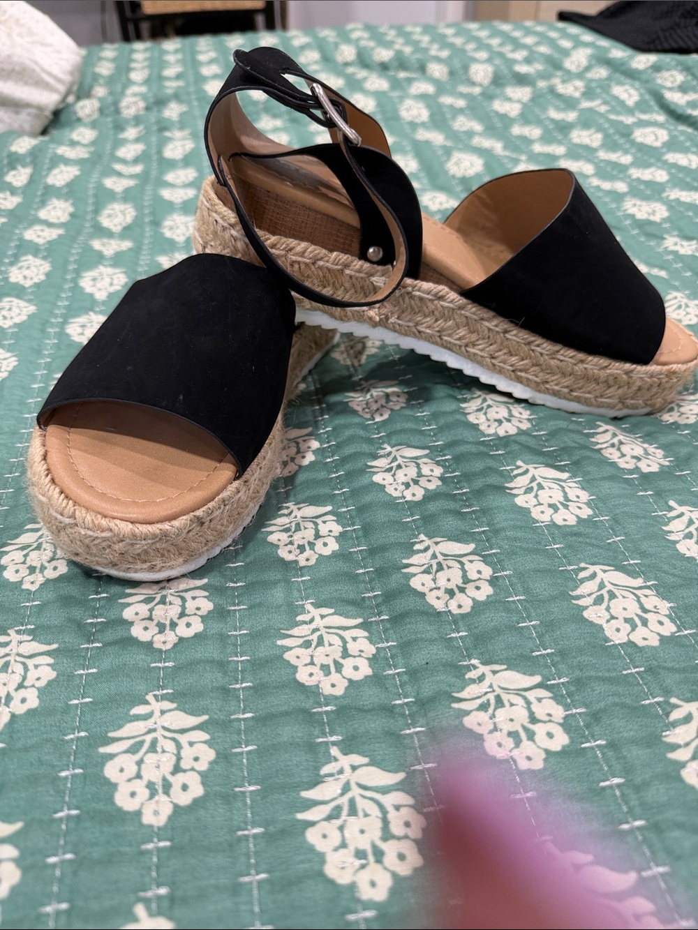 Soda Black Espadrille Platform Sandals with Ankle Buckle